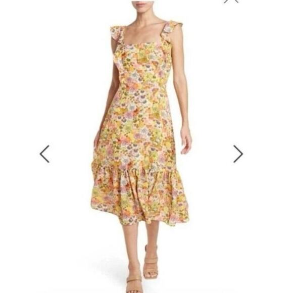 BCBGeneration Yellow Ruffle Floral Print Midi Dress Size Medium Storybook - Picture 1 of 8